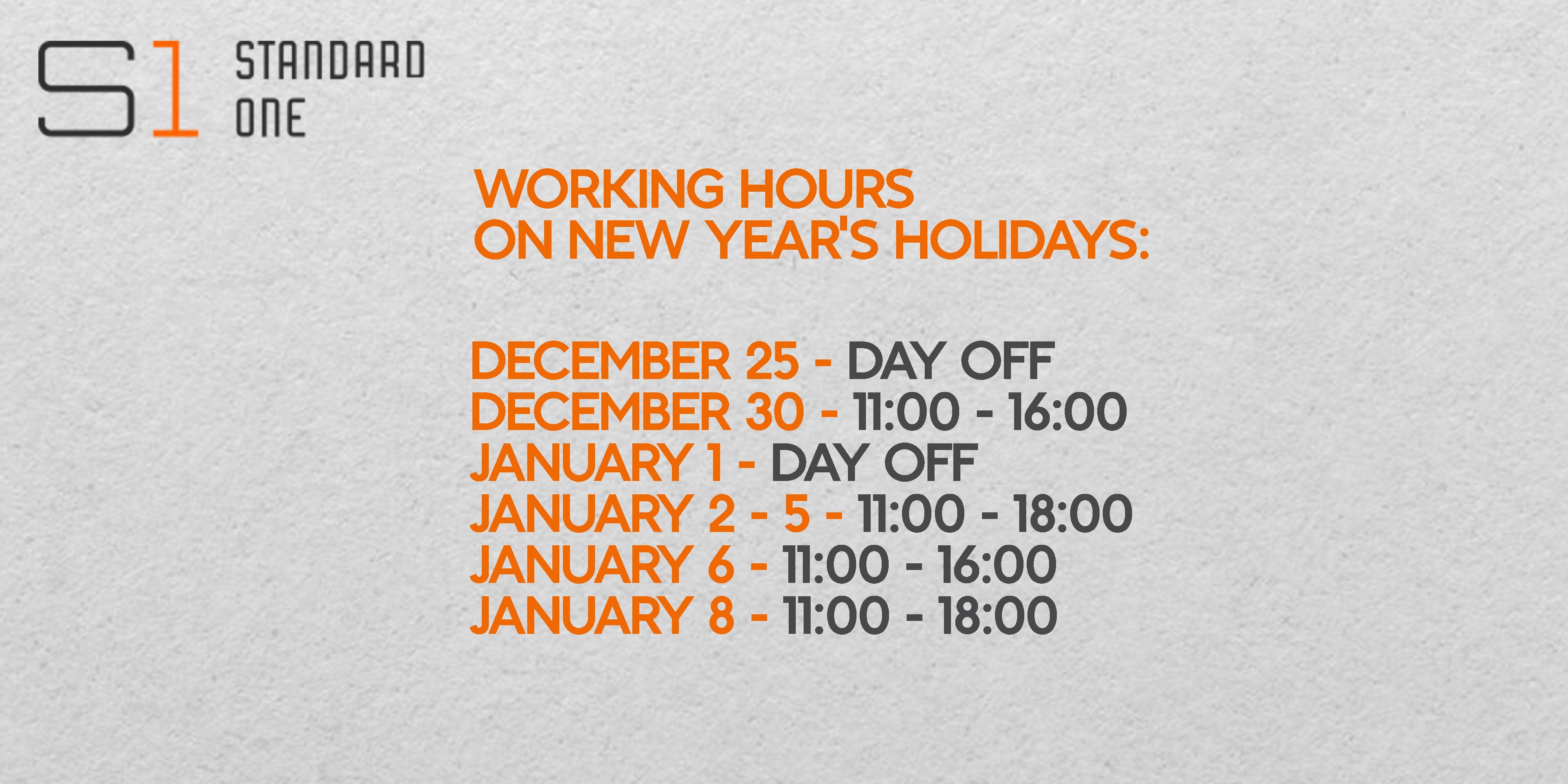 Working hours of the Standard One sales office for the New Year holidays!